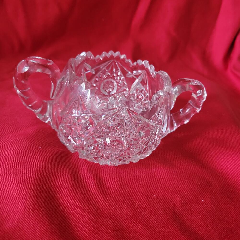 Antique American Brilliant Period Cut Glass Sugar Bowl Two Handles Sawtooth Mint